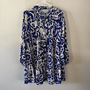 Zara Dress Women XL Blue White Ruffle Hem Long Sleeve